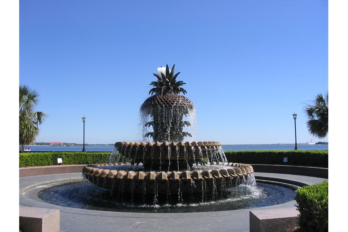 The Pineapple Fountain at Waterfront Park in Charleston with harbor views