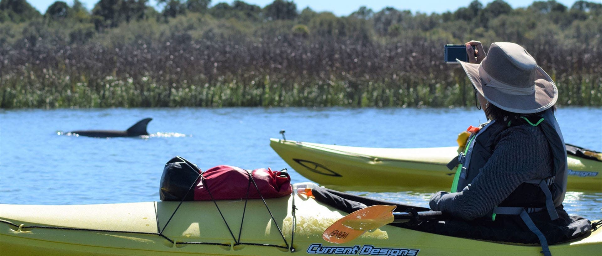 Kayakers paddling through a Charleston marsh waterway
