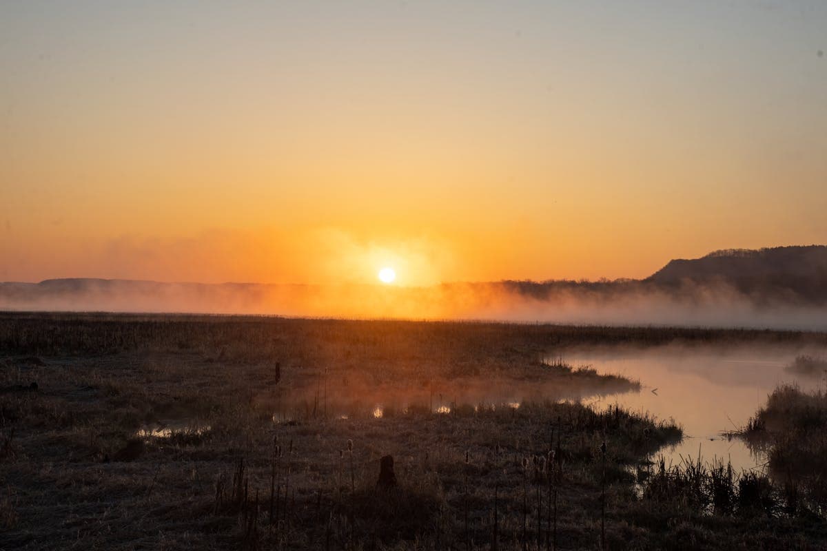 Soft pastel sunrise rising over a Lowcountry marsh with mist on the water