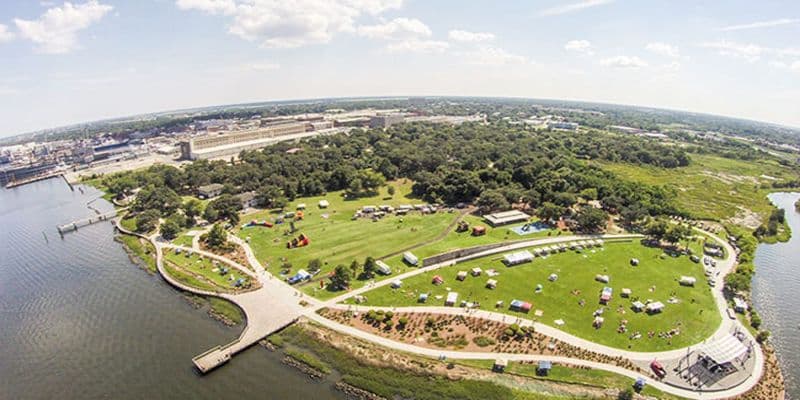 Aerial view of Charleston parks and waterfront