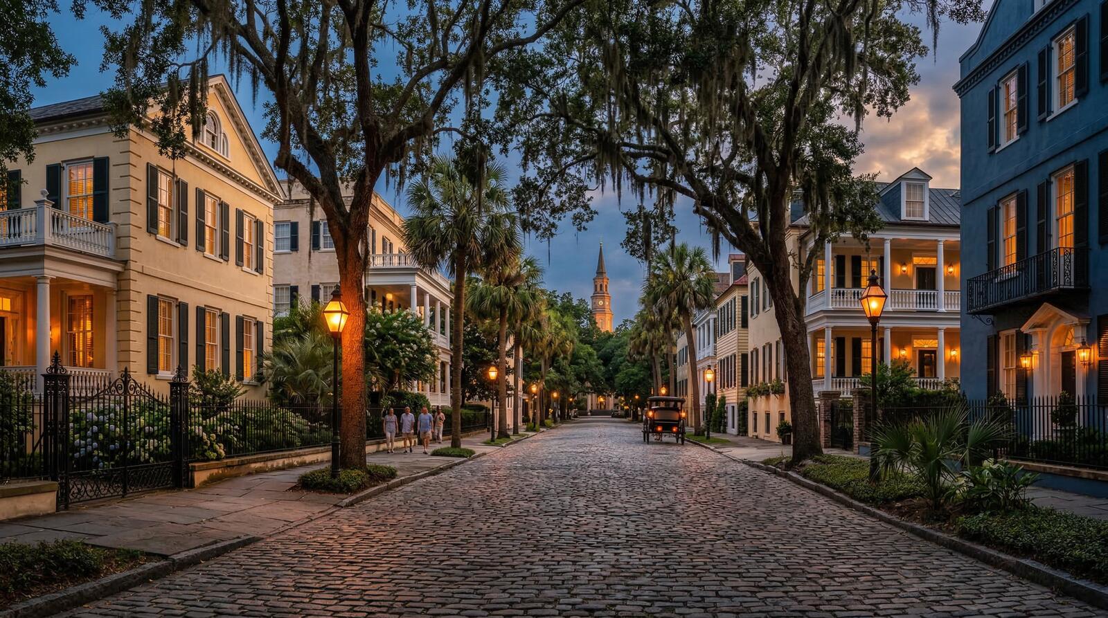 Historic Charleston cobblestone street at dusk with gas lamps and antebellum mansions