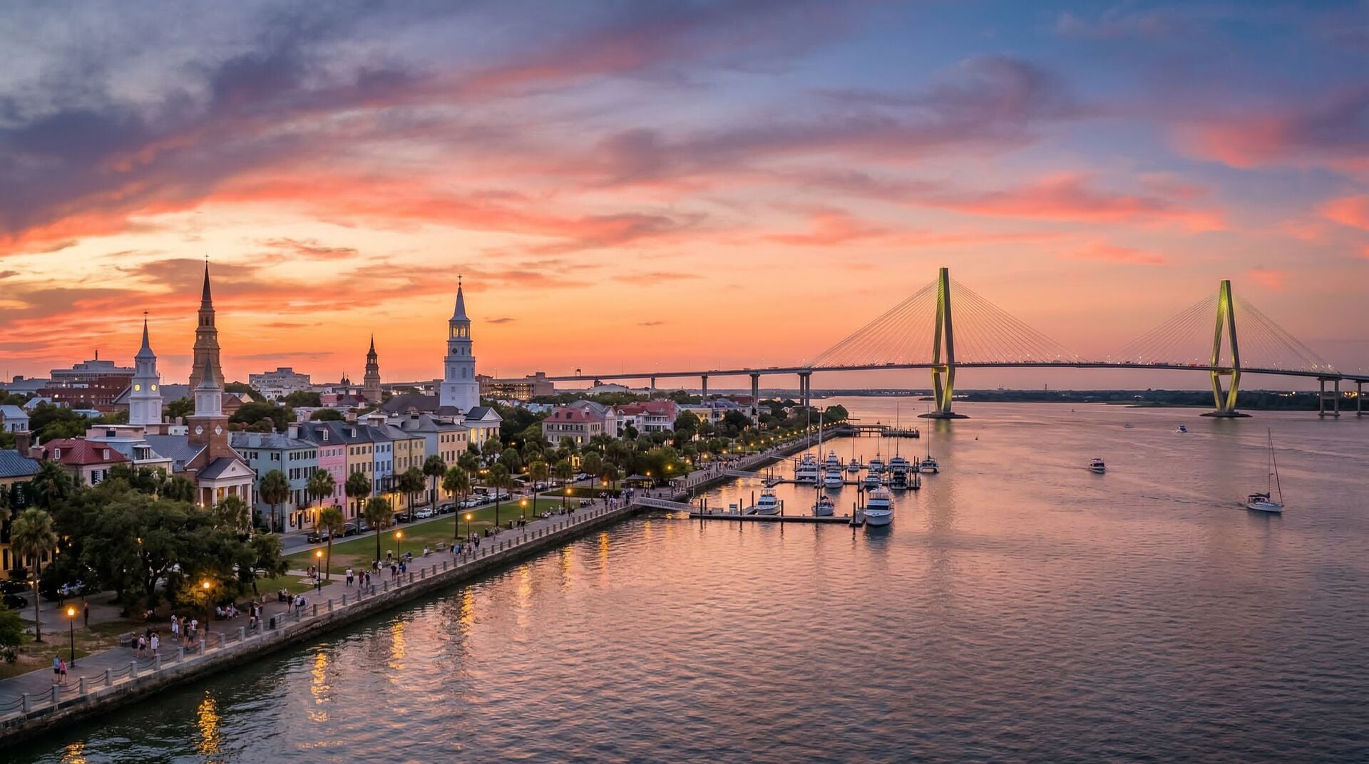 Charleston waterfront skyline at sunset with church steeples and the Ravenel Bridge
