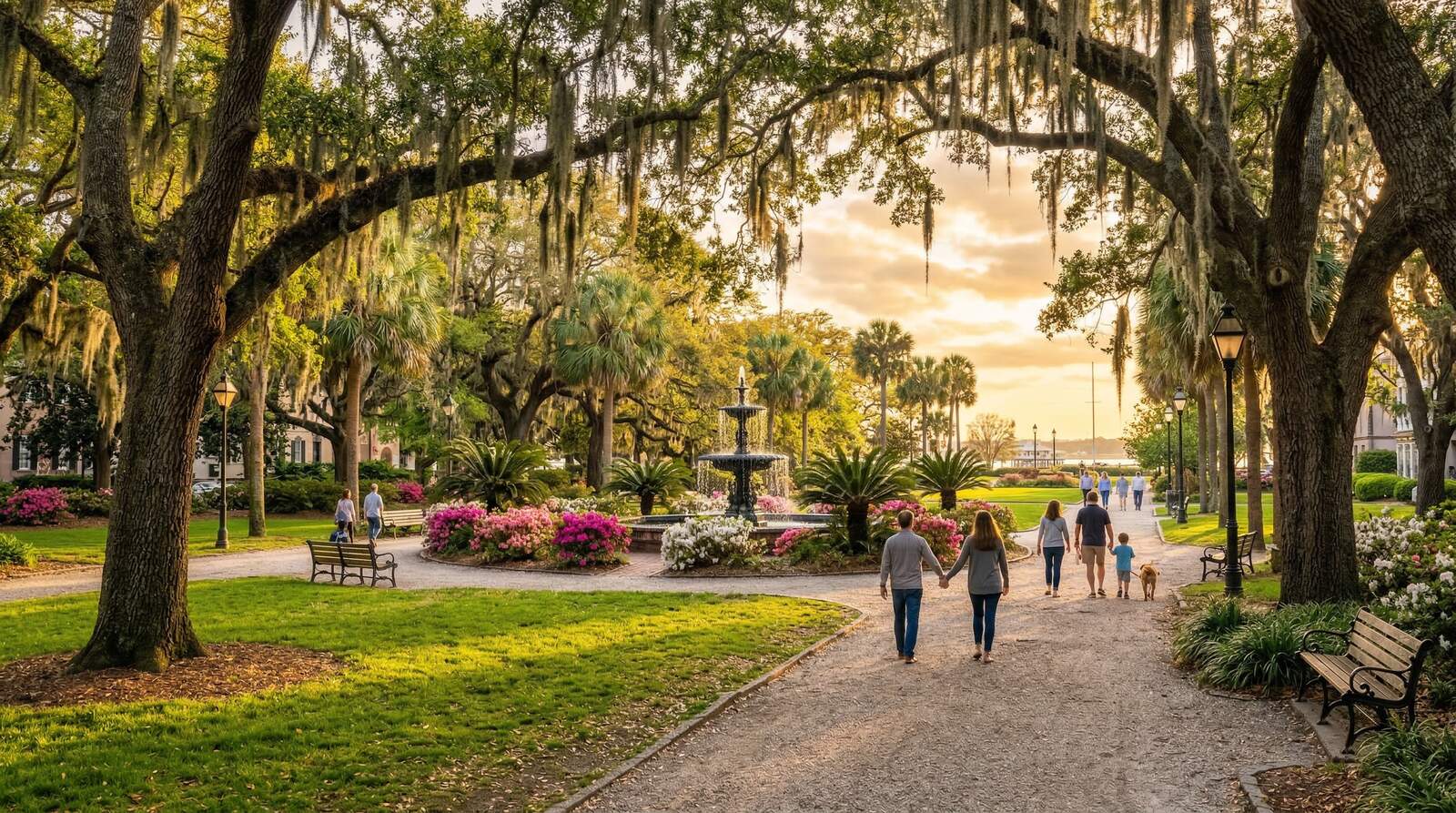 Families strolling through a Charleston park with live oaks, Spanish moss, and a fountain at golden hour