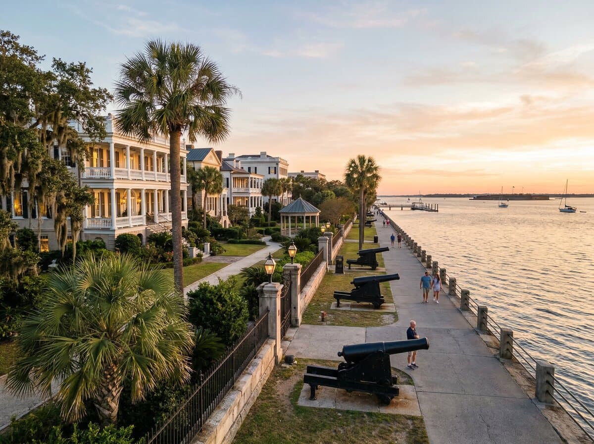 The Battery promenade along Charleston Harbor at sunset
