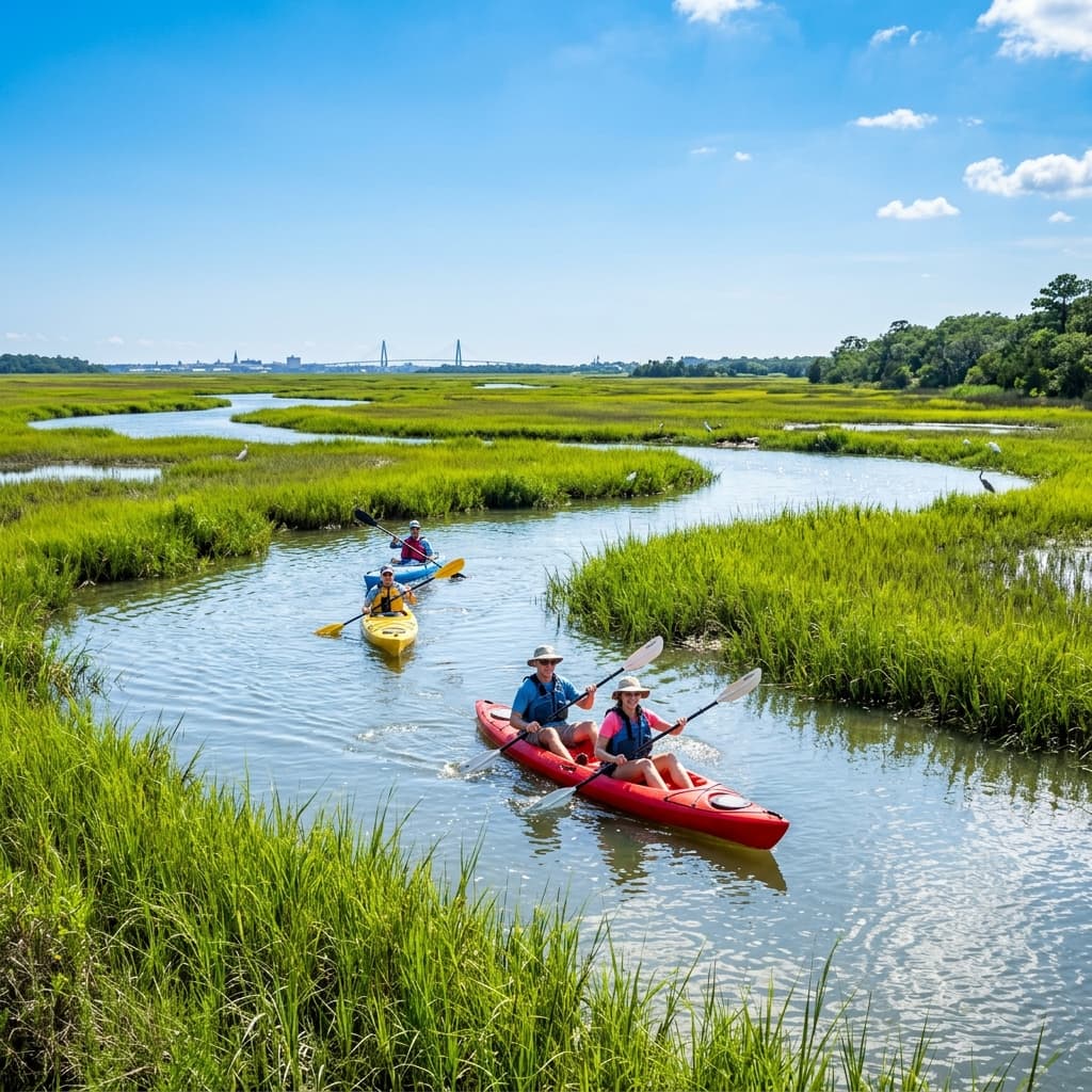 A group of friends kayaking through the marsh during a warm Charleston summer day