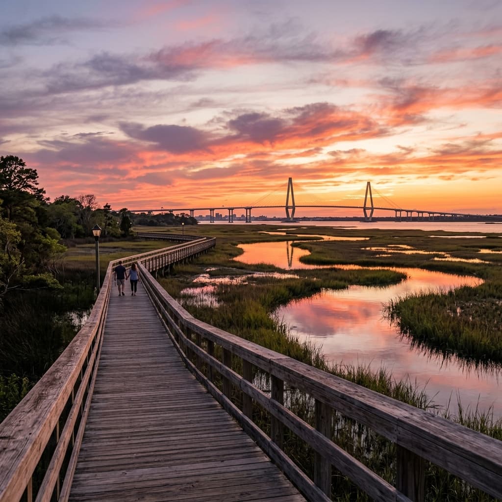 Golden sunset over the marshland at a Charleston waterfront park