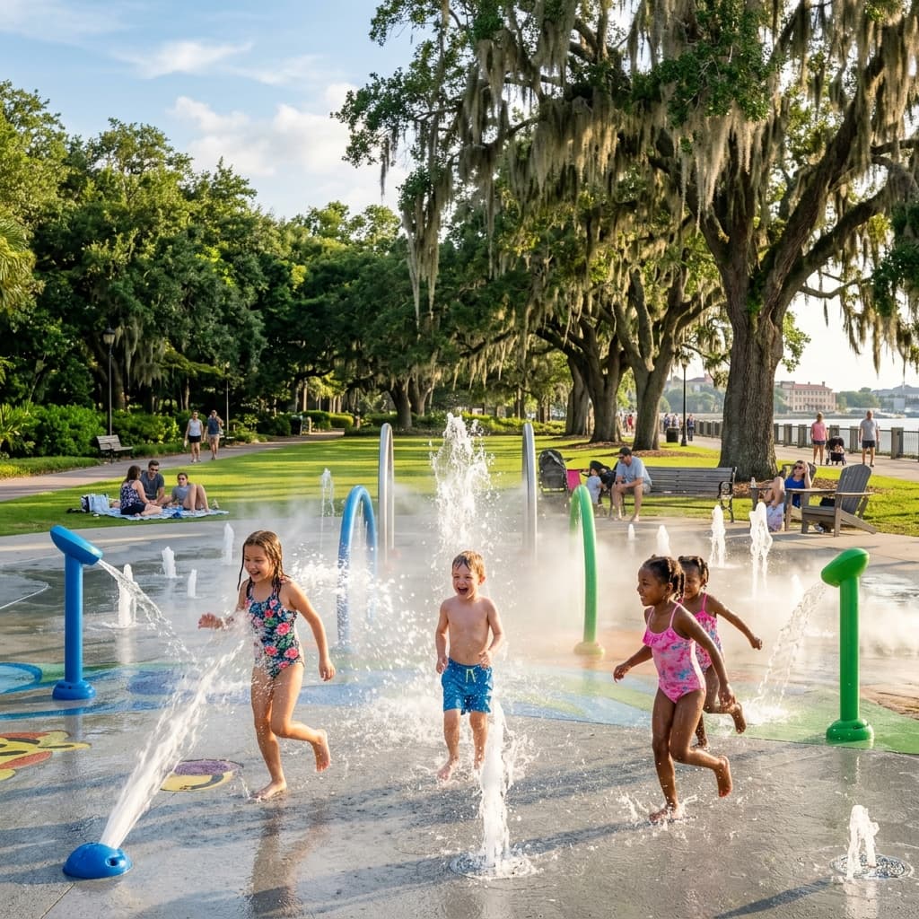 Children playing at a splash pad fountain under the summer sun in Charleston